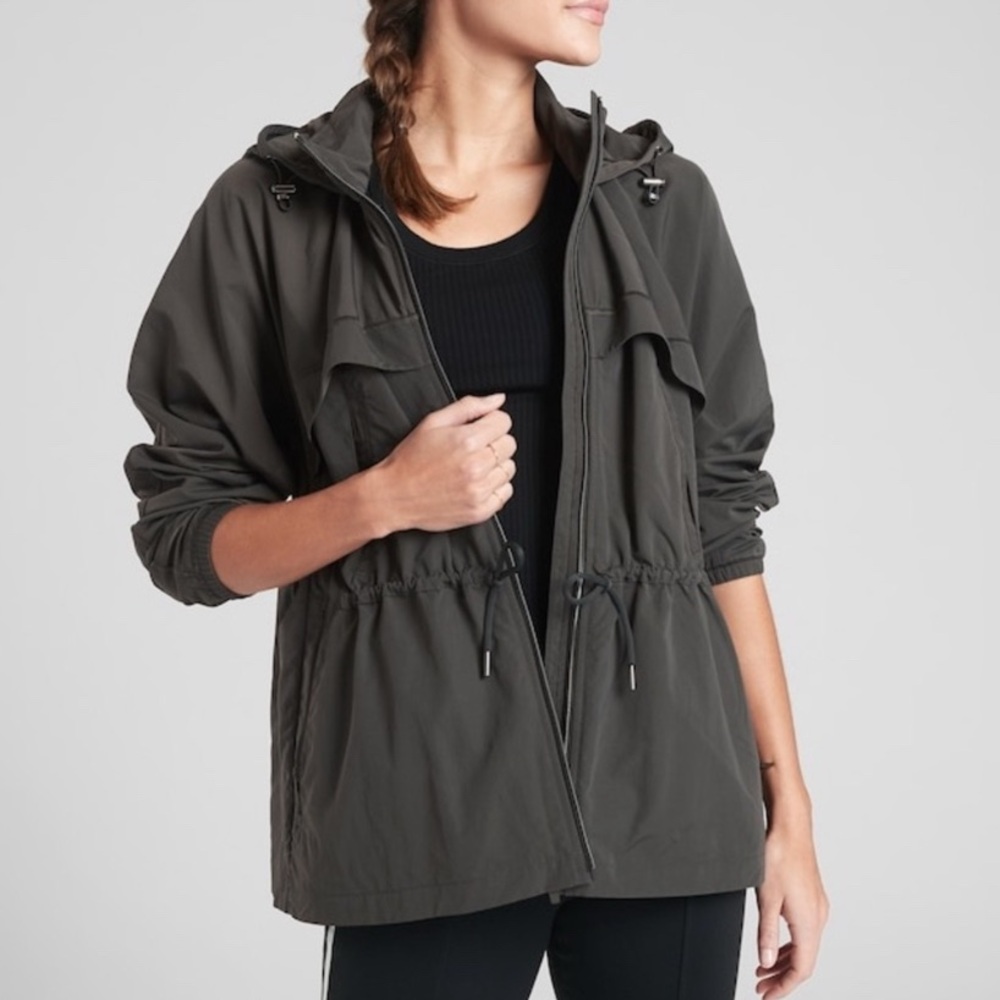 Athleta Rain to Shine Jacket Hooded Arbor Olive Green XXS